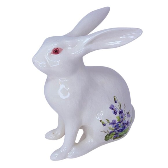 1980s Hand Painted White Rabbit Figurine Purple Violets Flowers Signed Ceramic - Picture 2 of 10